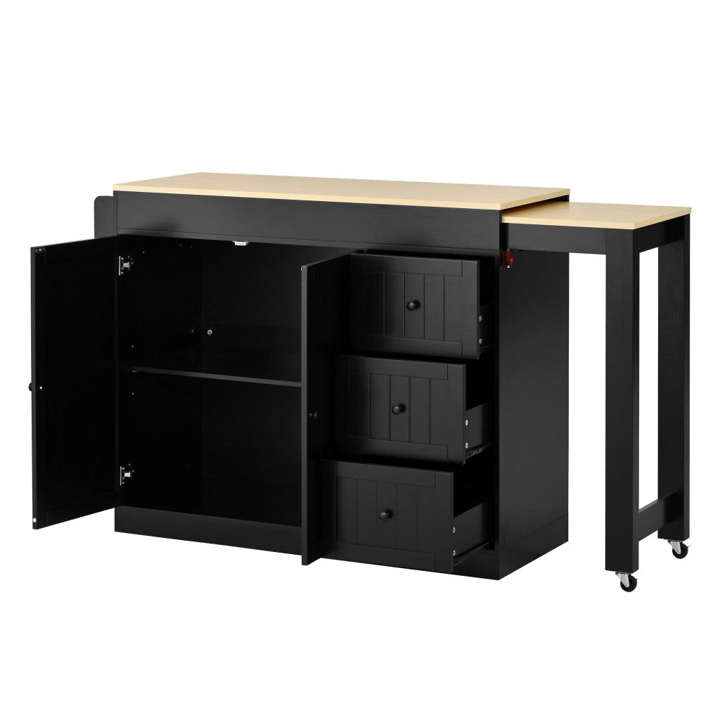 Carrello da Cucina con 3 Cassetti; Portaspezie; Piano Estensibile e Ruote; in MDF; 112-186.8 x 45 x 93 cm; Nero