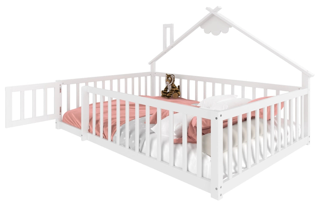 Letto a casetta per bambini 140x190 cm in pino e MDF bianco con sponda di sicurezza