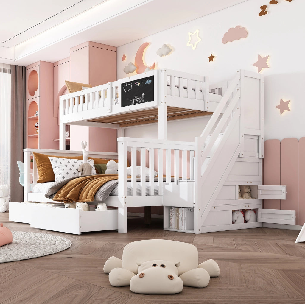 Letto a castello per bambini con lavagna e contenitori; bianco; in legno massello