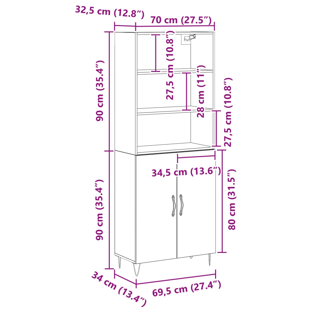 Highboard Rovere Nero 69.5x34x180 cm Legno Ingegnerizzato