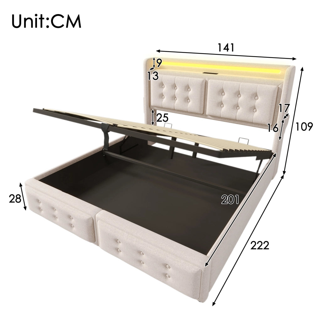 Letto matrimoniale 140x200 cm con contenitore; LED; prese e USB-C; tessuto cotone lino beige