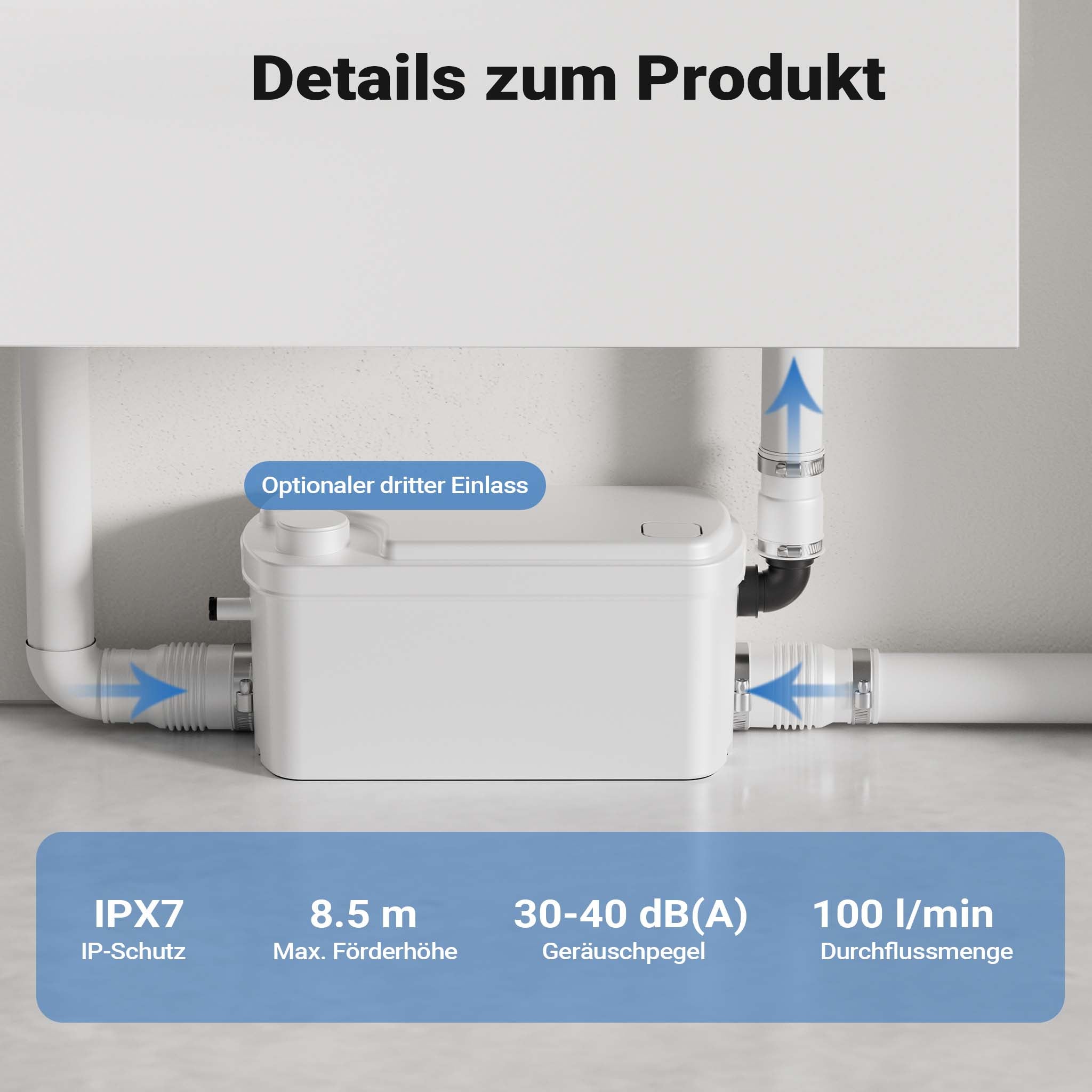 Stazione di sollevamento 3/1 250W con 3 ingressi per doccia, lavabo