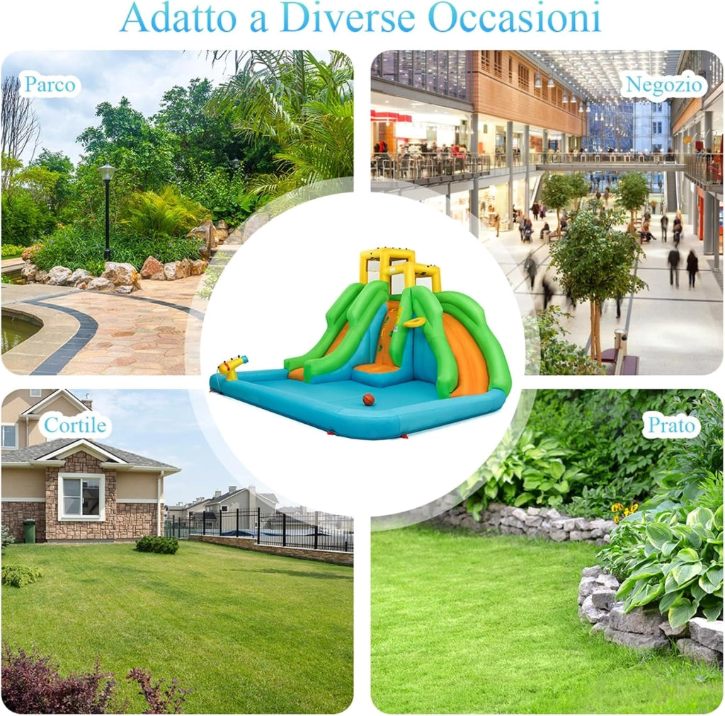 Castello Gonfiabile 5 in 1 con Soffiatore da 480W, Parco Acquatico con 2 Scivoli, Piscina, Parete di Arrampicata, Cannone, Cerchio e Palla da Basket, Borsa di Trasporto e Kit di Riparazione
