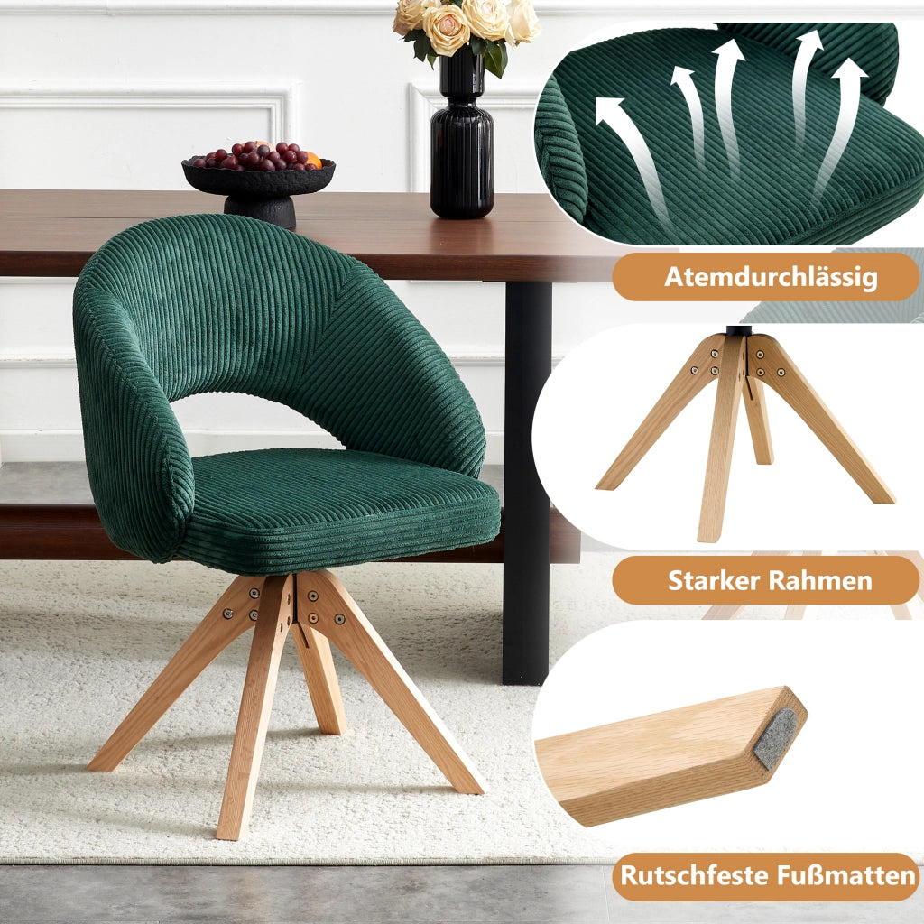 Sedia da pranzo set da 2 girevole a 360° con schienale avvolgente e gambe in legno, velluto verde scuro