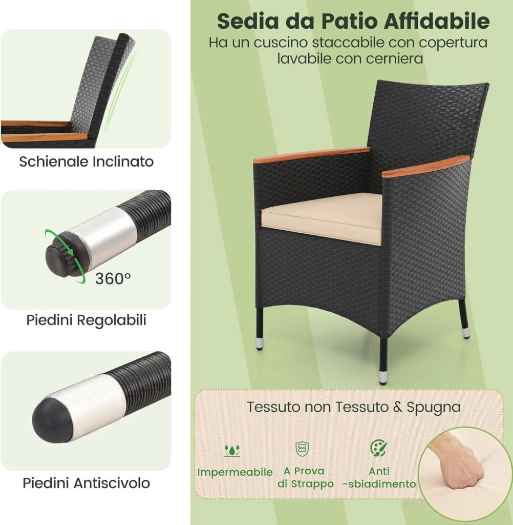 Set da Giardino 9 Pezzi in Rattan PE, Set Pranzo da Giardino con 1 Tavolo e 8 Sedie con Cuscini, Tavolo da Esterno con Piano in Legno di Acacia e Foro per Ombrellone, Naturale