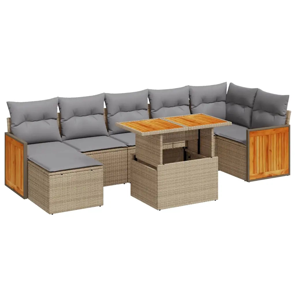 Set Divano da Giardino 8 pz con Cuscini Beige Polyrattan Acacia
