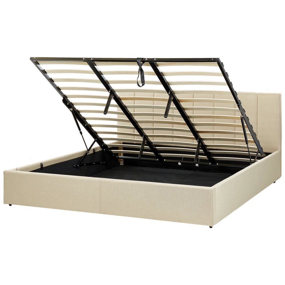 Letto contenitore Rivestimento in tessuto beige 180 x 200 cm con testiera a doghe