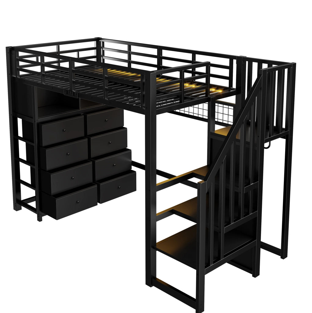 Letto a soppalco 90x200 cm con 8 cassetti, LED e scala con armadio nero