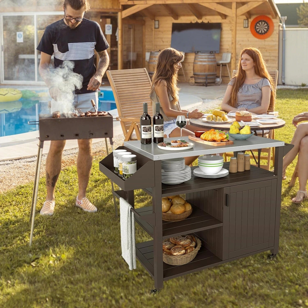 Carrello per Grill da Esterno, Carrello in Metallo con Armadietto, Ruote Bloccabili Universali, Ripiani e Piano in Acciaio Inox, Isola da Cucina per Barbecue, Festa e Campeggio