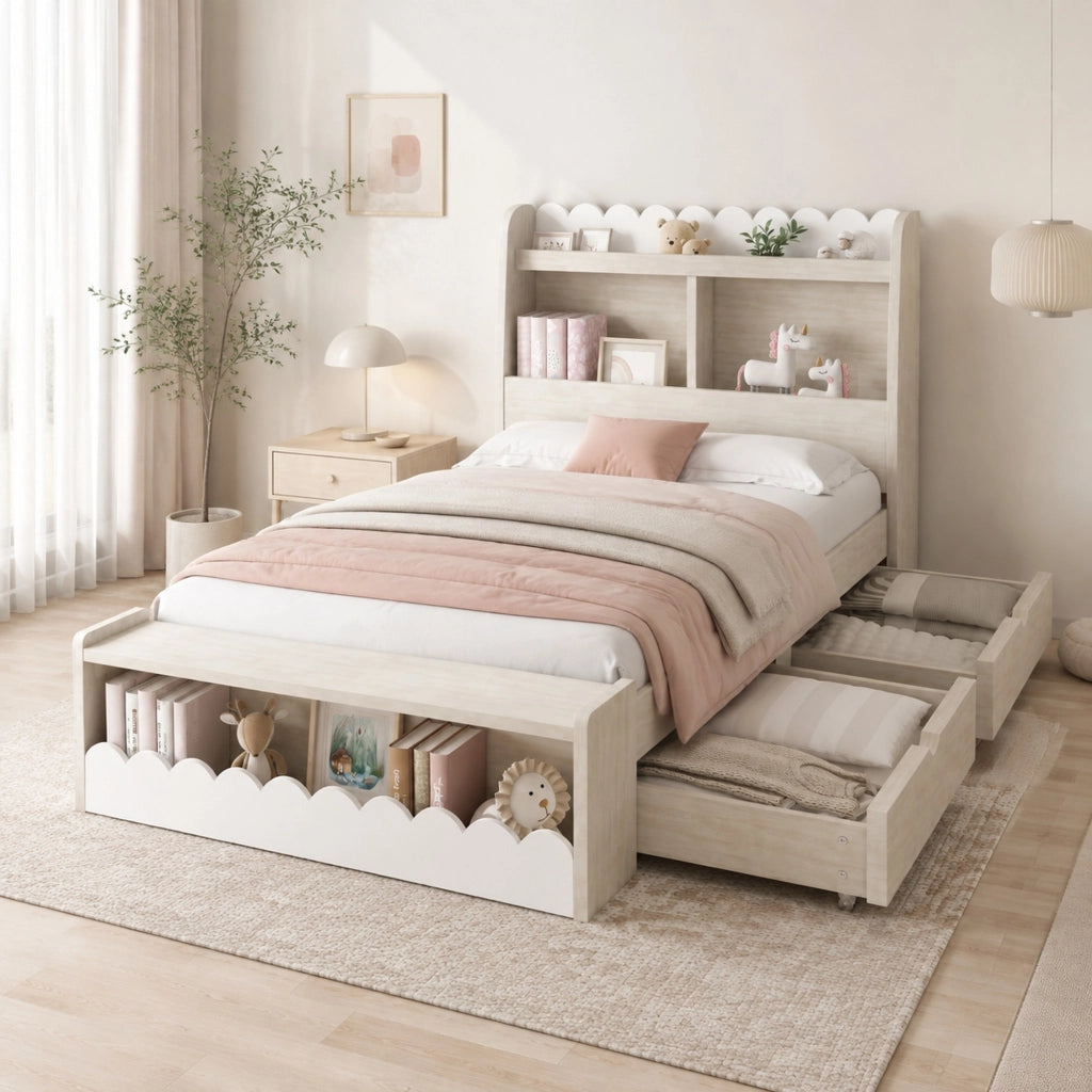 Letto singolo 90x190 cm con cassetti; ripiani e contenitore; in MDF e legno massiccio; bianco e rovere chiaro