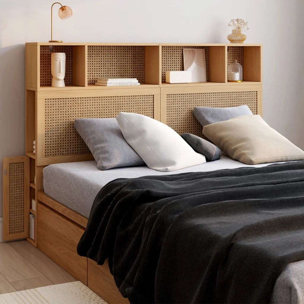 IDMarket - Testata EDHEN 145 cm con contenitore chiuso e nicchie in canna e legno