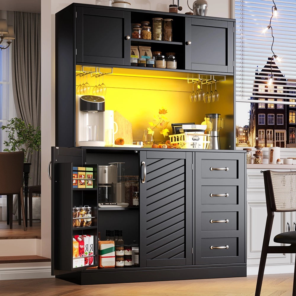 Mobile Buffet con LED, Cassetti e Ripiani ¨C Xylo ¨C Verde/Nero/Bianco, 120x40x188