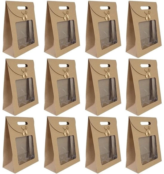 20 Confezioni di Borse in Carta di Papier con Finestra e Maniglione, Sacchetti Regalo per Confezionare Dolci, Snack, 20 x 14 x 7