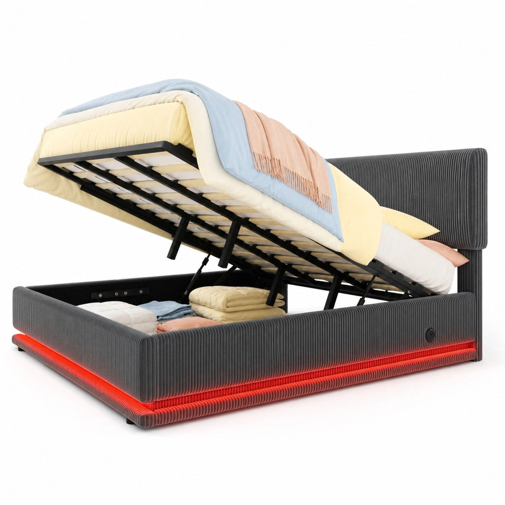 Letto imbottito 180x200 cm in velluto a coste grigio scuro con LED; USB-C e testiera regolabile