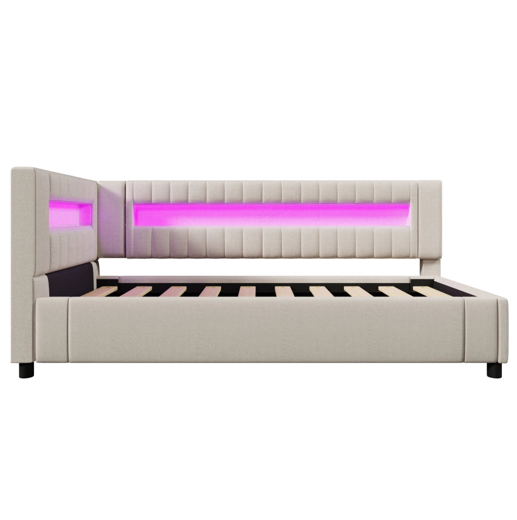 Letto a scomparsa con LED, porte USB e contenitore idraulico 90x200 cm beige
