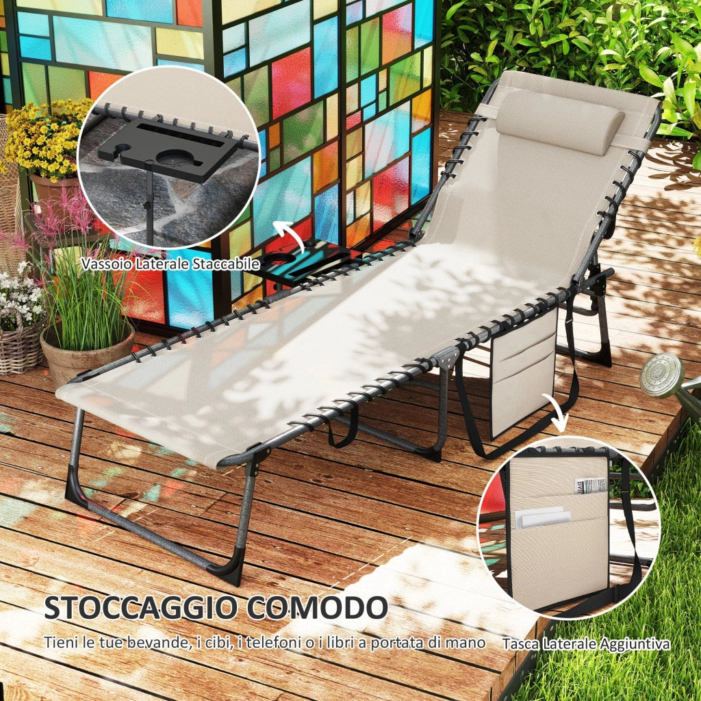 Sdraio da Giardino Pieghevole 60x190x31 cm Reclinabile a 5 Livelli con Tavolino Laterale e Tasca Crema
