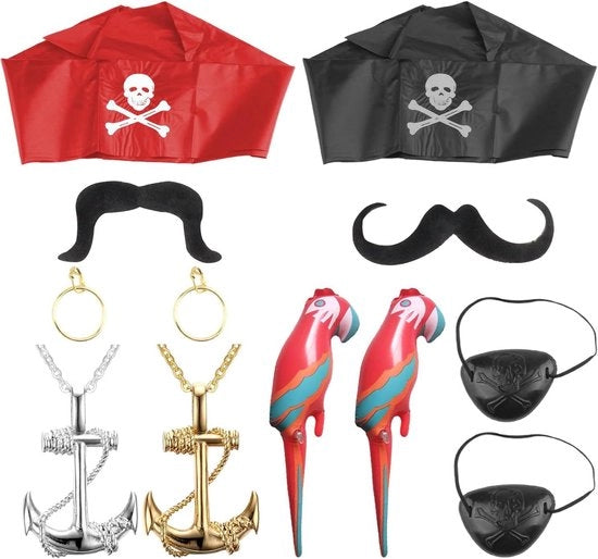 Set di 12 pappagalli pirata - Accessori da costume inclusi bandana, collana, barba e pappagallo gonfiabile per feste di Halloween e scuola