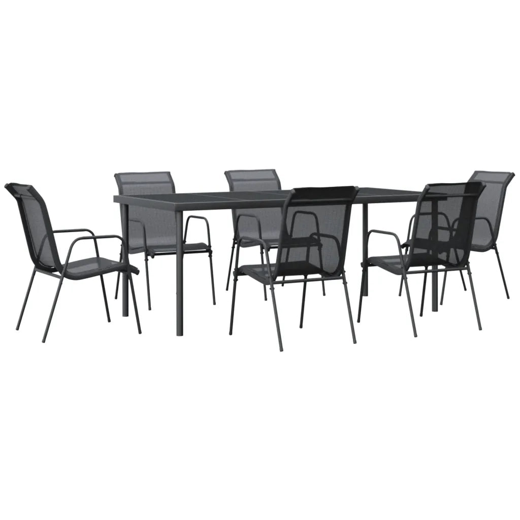 Set da Pranzo da Giardino 7 pz | Set Salotto da Giardino Nero in Acciaio e Textilene