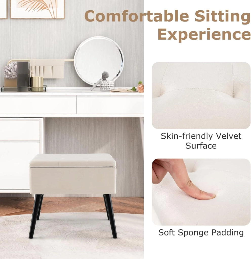 Sgabello in Velluto con Contenitore, Poggiapiedi per Soggiorno con Gambe in Legno Massello, Coperchio Ribaltabile, Sgabello per Cambiare Scarpe all’Ingresso (Beige)
