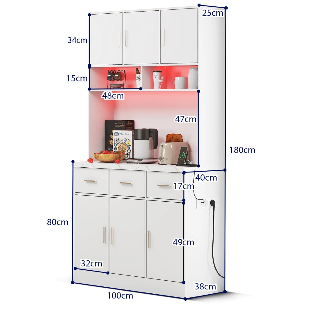 Credenza da cucina con LED, prese USB, cassetti e ripiani regolabili