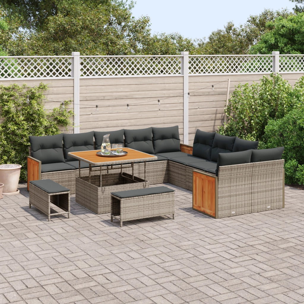 Set di Divani da Giardino da 13 Pezzi con Cuscini Grigio Polyrattan Acacia