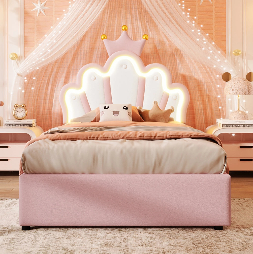 Letto imbottito 90 x 200 cm con LED, testiera regolabile e contenitore idraulico
