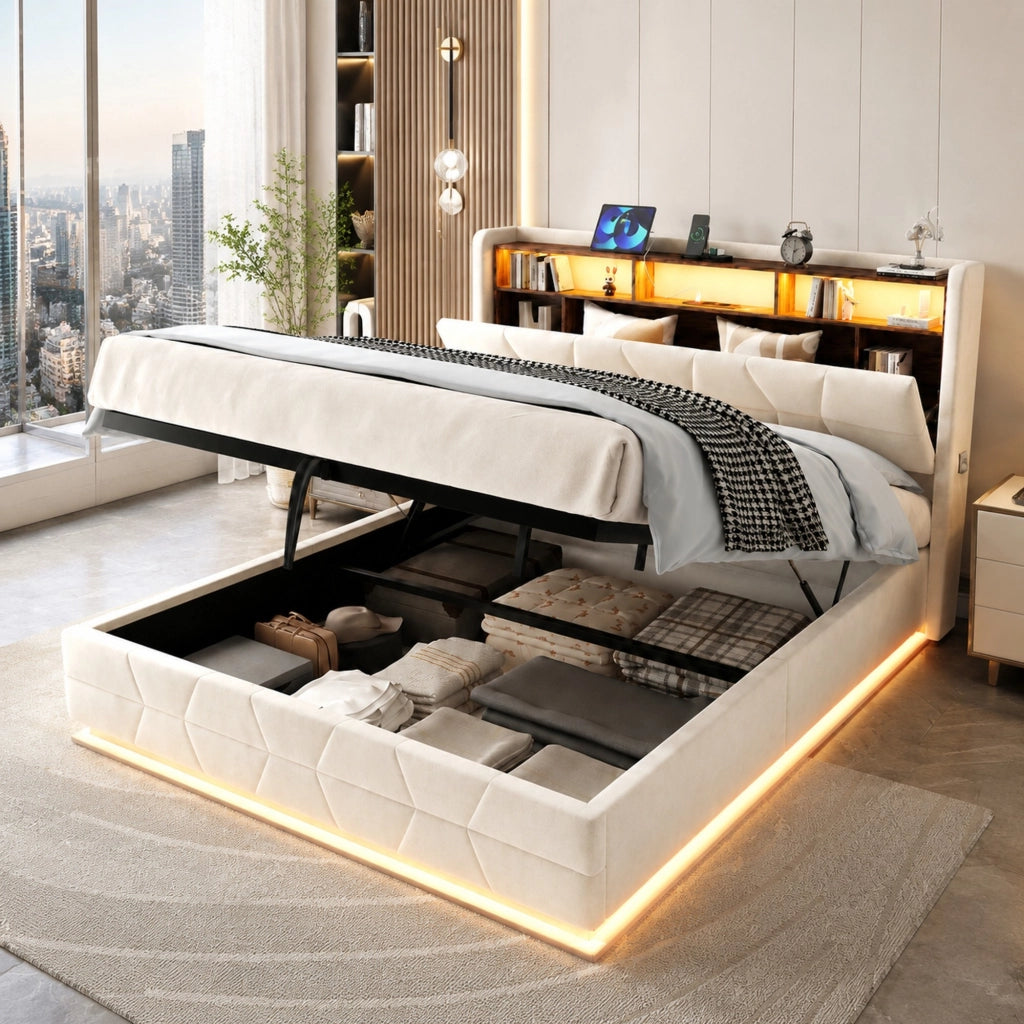 Letto matrimoniale 140x200 cm in velluto beige con LED; contenitore nella testiera e presa USB Type-C
