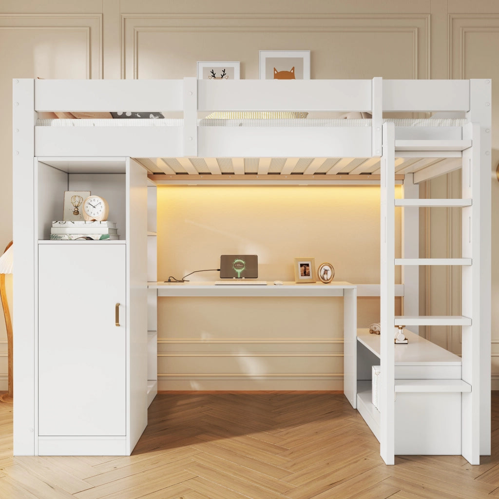 Letto a Soppalco 90 x 200 cm; Letto Singolo - Scrivania; Armadio; LED e USB - Bianco