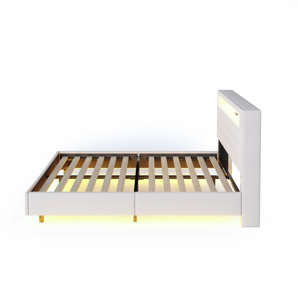 OKWISH Letto Imbottito 160×200 cm, Letto Matrimoniale con Presa USB, LED Regolabile e Testiera Reversibile, senza Materasso, Beige