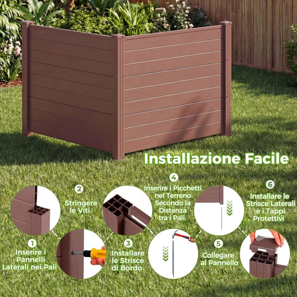 Schermo per Privacy da Esterno, Recinzione con 3 Pannelli e Pali di Metallo Zincato, Recinto da Esterno Versatile e Modulare per Piscina, Copribidone e Condizionatore d’Aria (Marrone)