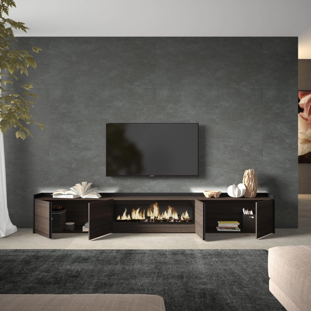 Mobile TV Soggiorno, 315x50x35 cm, Per TV fino a 80", Camino elettrico XXL, LED, Rovere scuro e Nero