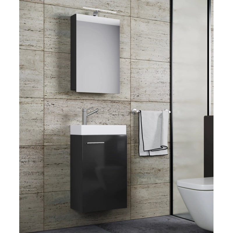 LineaViva di Ezooza Mobile Sospeso con lavabo in ceramica di alta qualità e mobile specchio con luce a led, Nero , lavabo Bianco