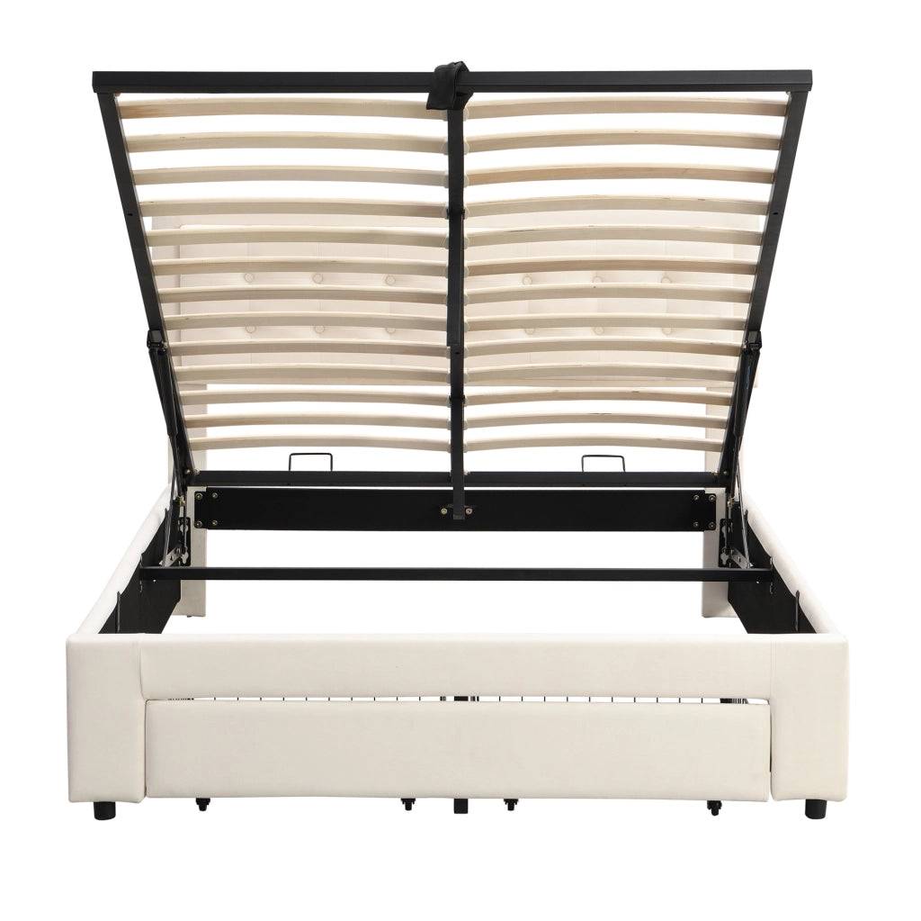 Letto imbottito 140x190 cm con testiera regolabile; contenitore; velluto beige