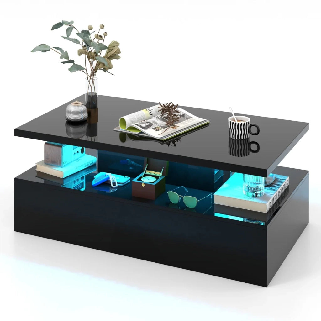 Tavolino da caffè a due livelli 110 x 60 x 40 cm con luci LED multicolori design contemporaneo MDF nero lucido 20_0013744