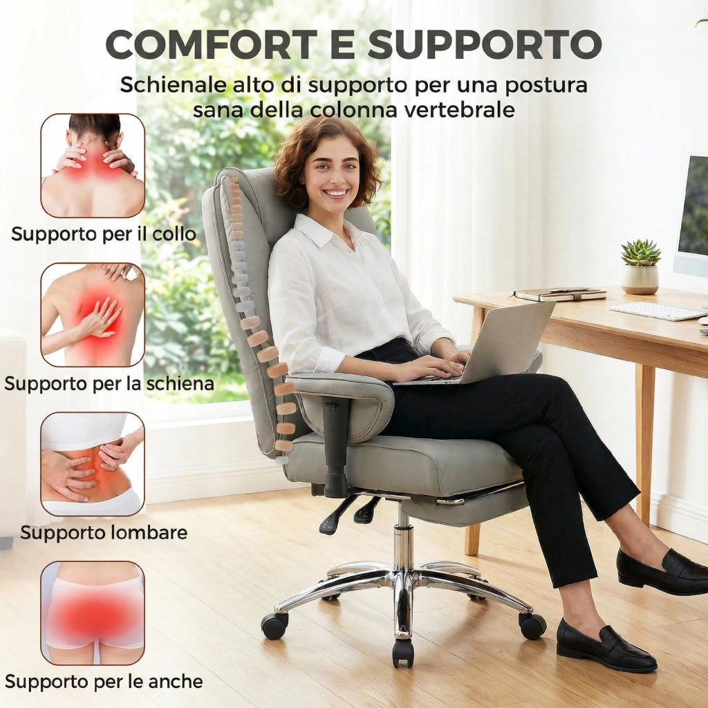 Sedia da Ufficio Reclinabile con Schienale Alto e Poggiapiedi ¨C Zephmum ¨C Grigio Chiaro