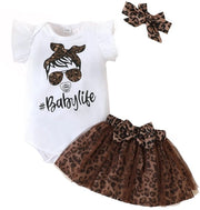 Set da bambino 3 pezzi per neonati, abbigliamento estivo, maniche corte, pantalone con disegno leopardo, gonne e cuffie per bambine, set 3 pezzi per 0-24 mesi