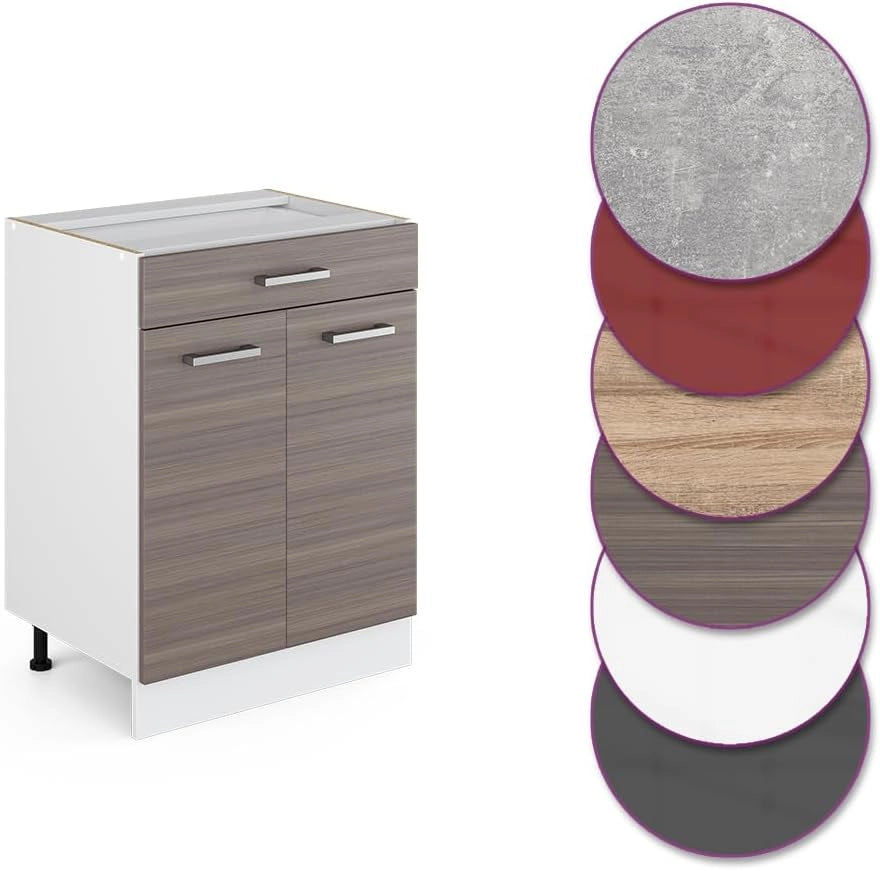 Mobiletto base per cucina R-Line, Grigio nobile, 60 cm con cassetto, senza piano di lavoro, per la libera combinazione all'interno di sistemi cucina modulari