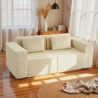 Divano 3 Posti Modulare con Seduta Profonda Braccioli Larghi e 2 Cuscini in Velluto a Coste Beige