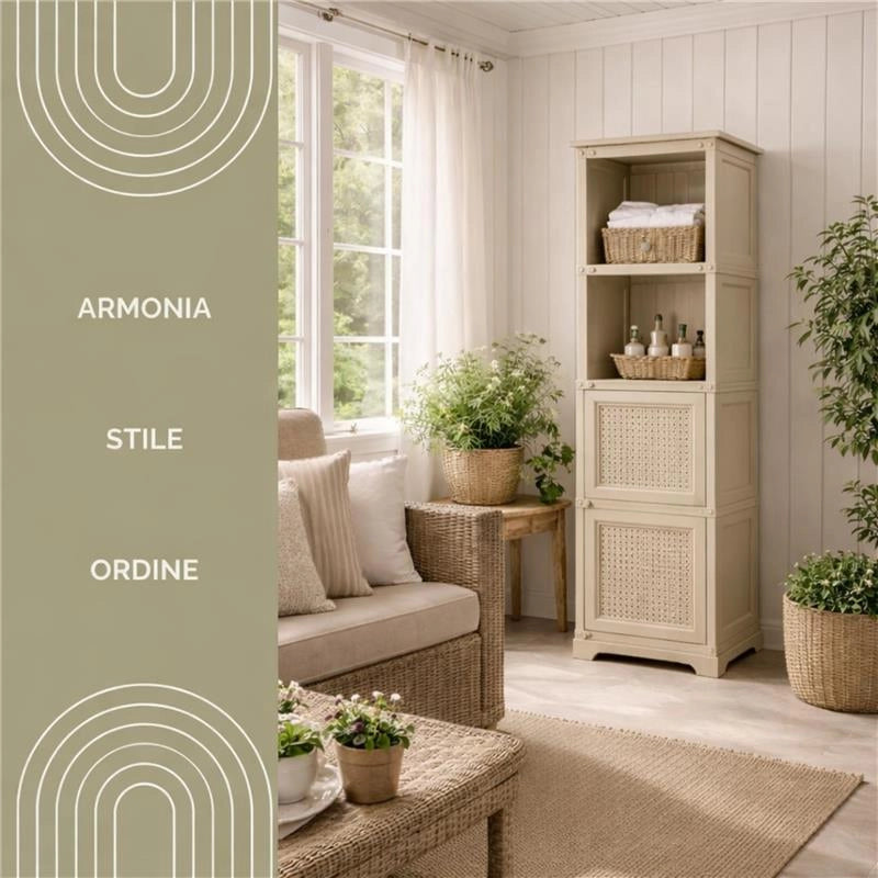 MOBILE 4 MODULI 40X43X164 CM TAUPE CON ANTE TRAFORATE E 2 VANI A GIORNO – LIBRERIA CONTENITORE VERTICALE DESIGN PER ZONA LIVING