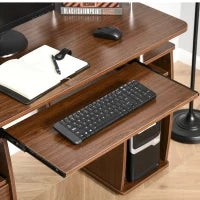 Scrivania per Computer Moderna Porta PC in Legno con Cassetti, Scrivania Salvaspazio Con Libreria, Mensola Estraibile e Porta Tastiera, 120x55x85cm, Marrone