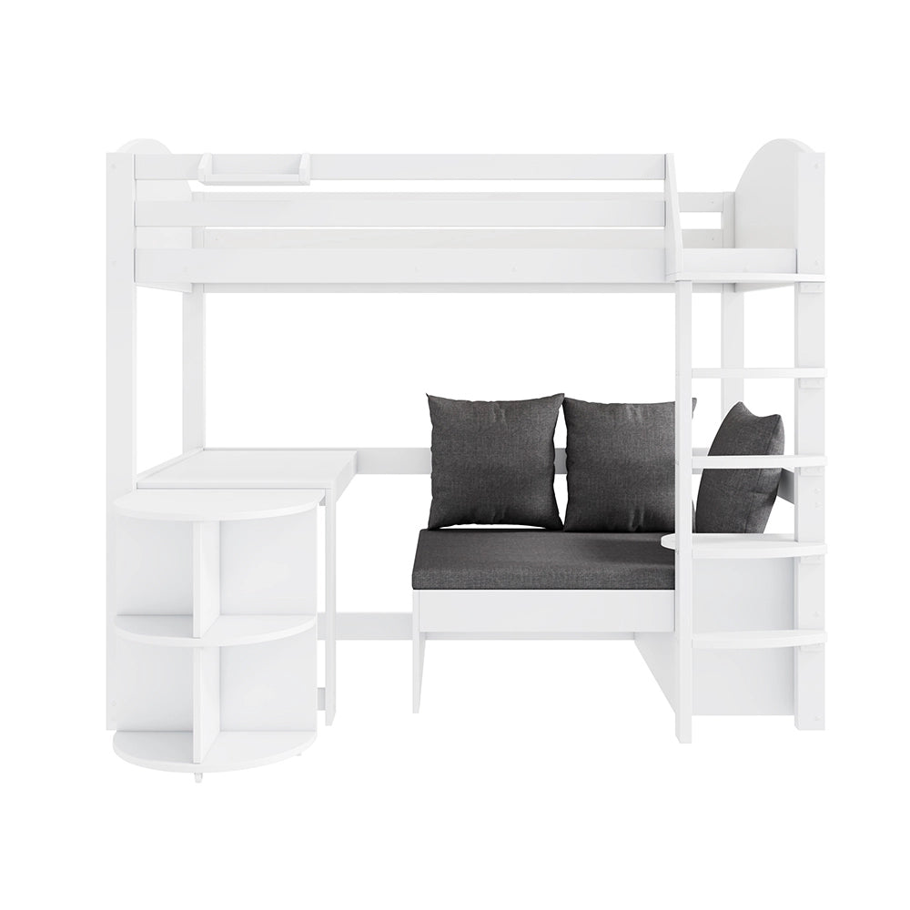 Letto a soppalco 90x200 cm - Xylo - Scala, tavolo estensibile, divano, tre cuscini, scaffali di stoccaggio, bianco