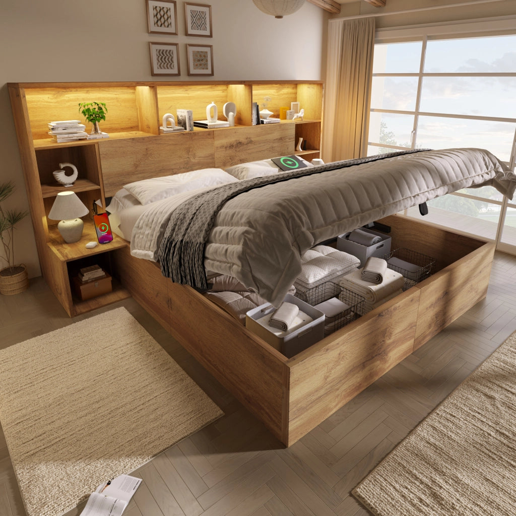 Letto contenitore con LED, prese USB e comodini integrati, 160x200 cm