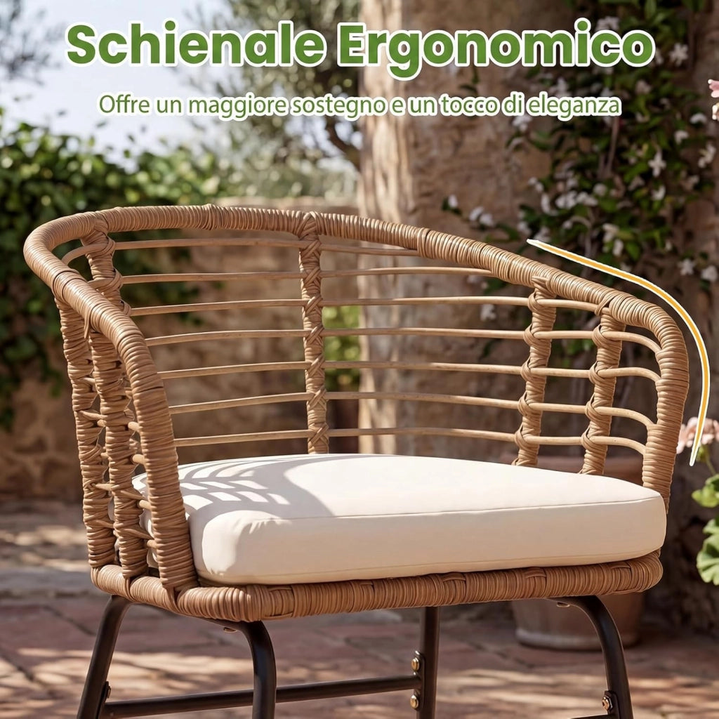 Salotto da Giardino per 2 Persone, Salottino in Rattan Include 2 Poltrone con Cuscini Imbottiti e Tavolino Rotondo con Piano in Vetro Temperato, Set da Esterno a 3 Pezzi per Balcone e Terrazza