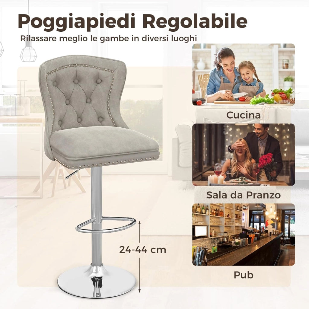 Set 2 Sgabelli da Bar in Velluto 97-117cm, Sedie Regolabili e Girevoli con Poggiapiedi, Schienali e Base in Metallo Elettroplaccata per Casa, Cucina, Pub e Ristorante (Grigio)