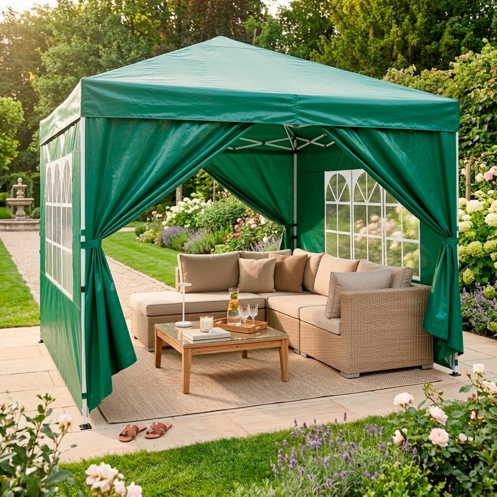 Gazebo Pieghevole Per Giardino Con Teli Laterali Finestre Trasparenti Chiusura Pop Up Copertura Impermeabile UV50+ Telaio In Acciaio Per Eventi Outdoor 3 x 3 x 2.59 m Verde