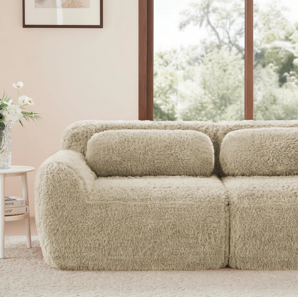 Divano angolare modulare 2 posti in tessuto peluche; 204x179x73 cm; Light Khaki