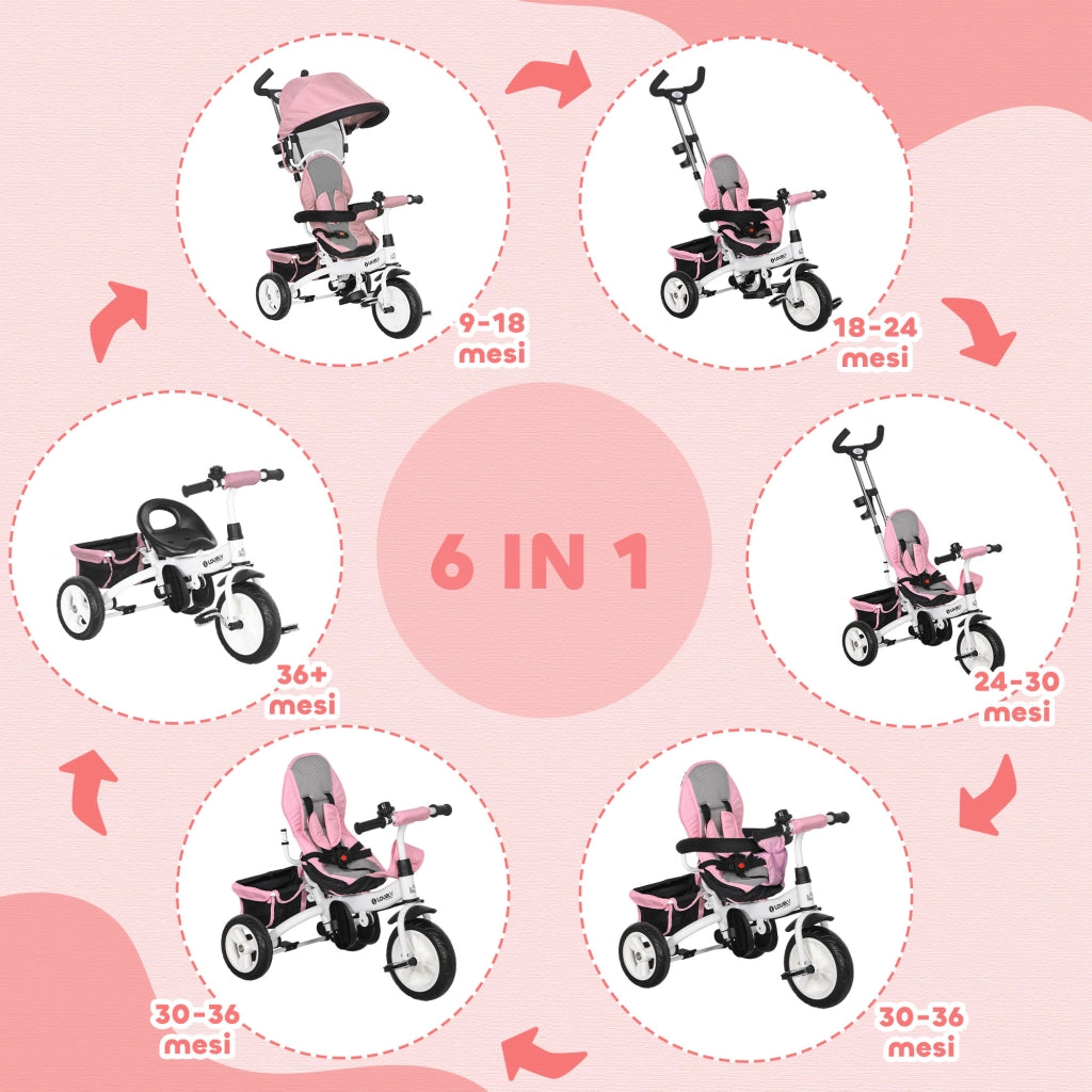 Triciclo 6 in 1 per Bambini ¨C Xylo ¨C con Maniglione, Tettuccio Regolabile e Cintura di Sicurezza, Rosa, 1-5 Anni