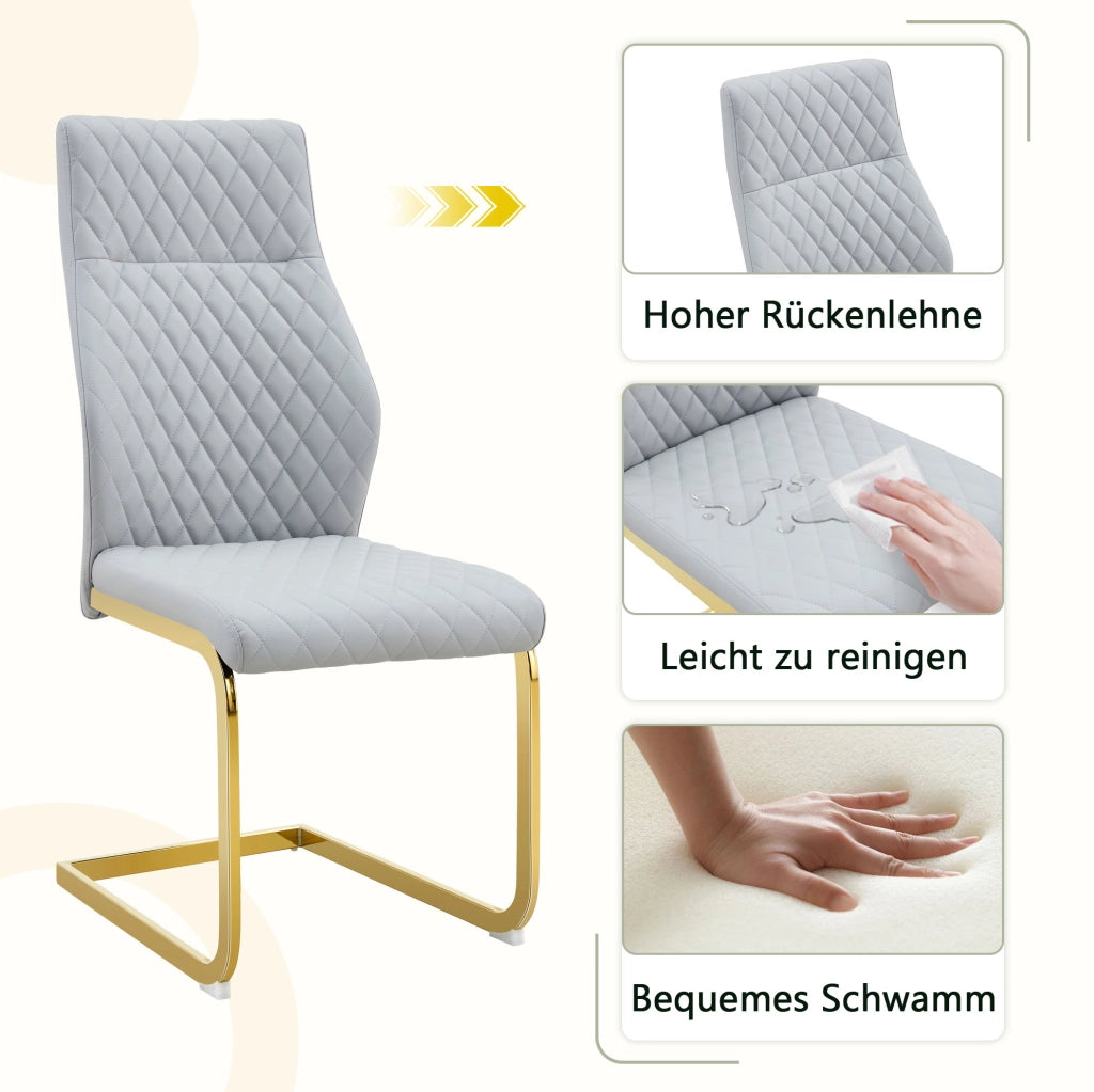 Set di 2 sedie da pranzo in PU grigio chiaro con schienale alto; struttura in metallo oro