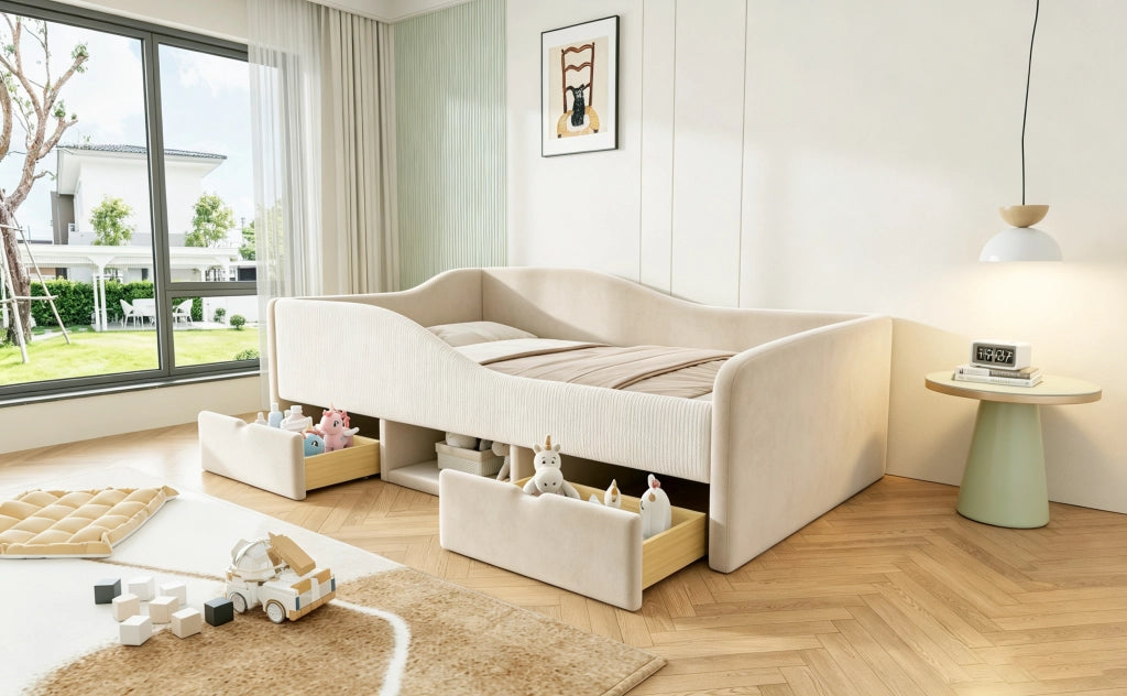 Letto imbottito per bambini 90 x 190 cm con cassetti e sponde; velluto beige