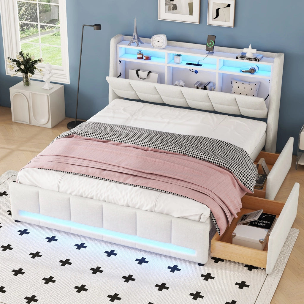 Letto imbottito 140x200 cm beige con LED, USB e 2 cassetti